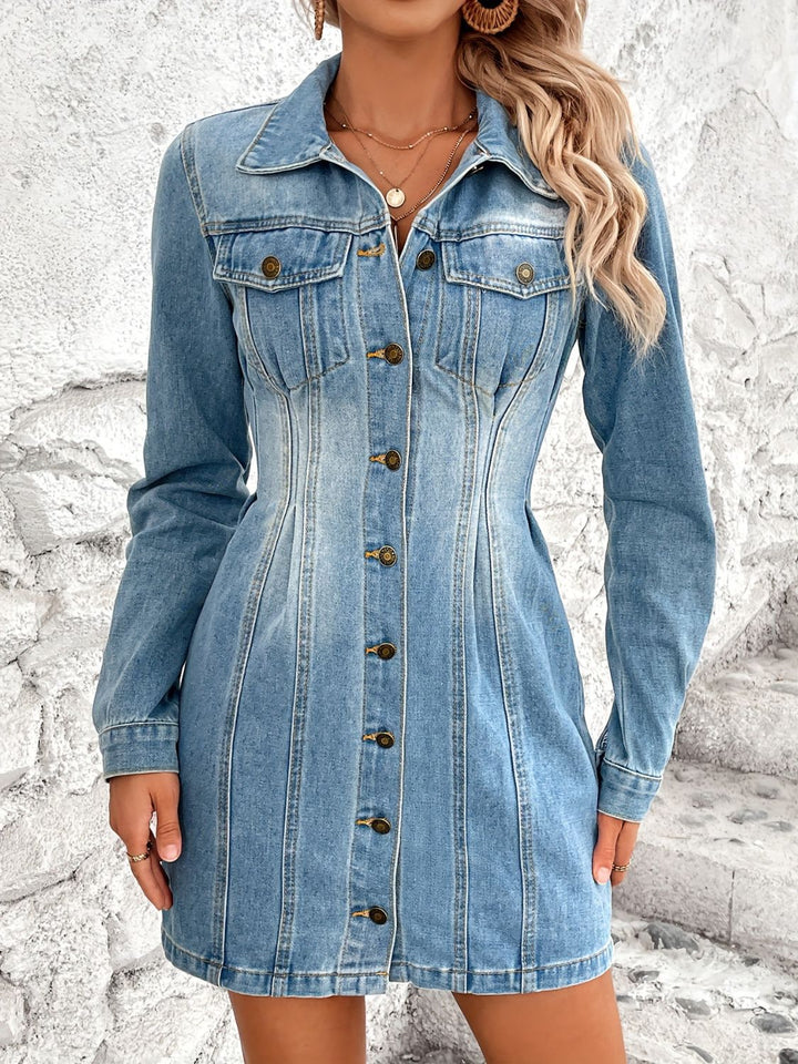 Pocketed Button Up Long Sleeve Denim Dress | Trendsi