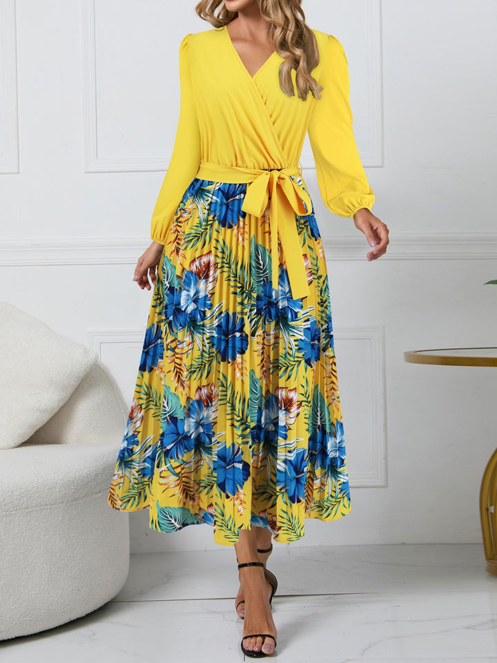 Pleated Printed Surplice Long Sleeve Dress | Trendsi