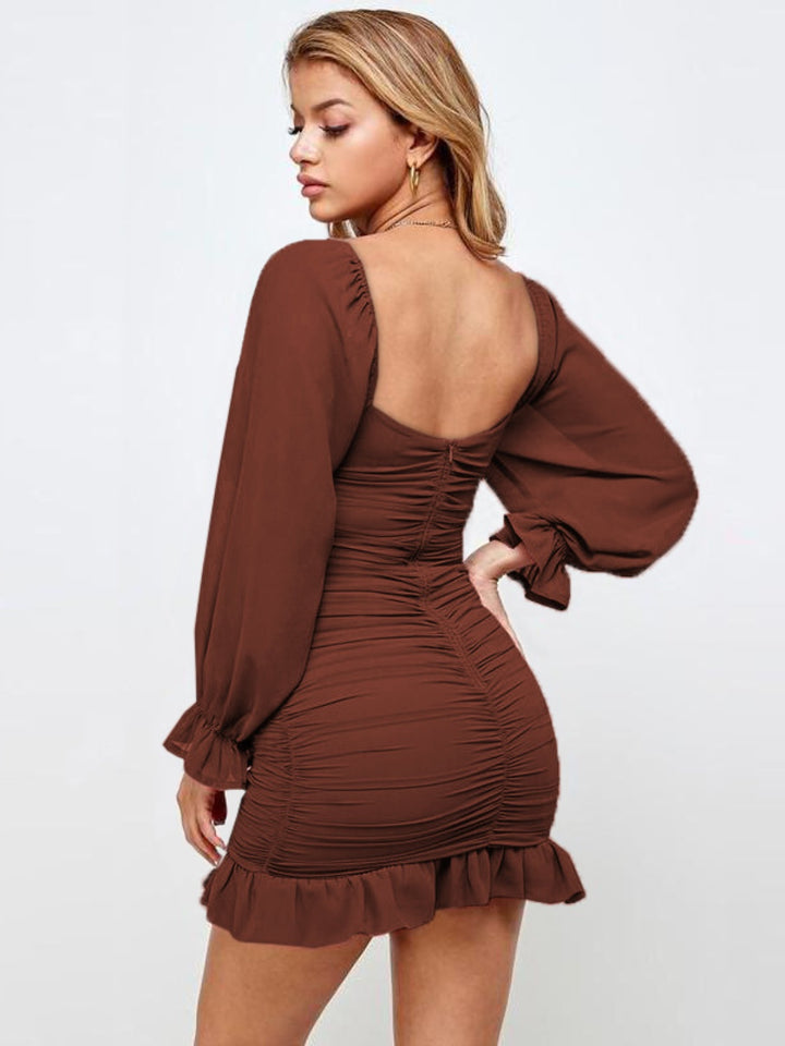 Ruffled Ruched Flounce Sleeve Mini Dress | Trendsi