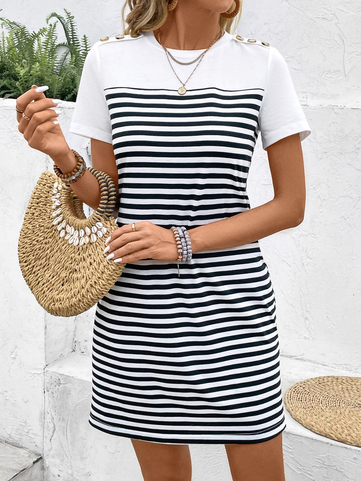 Striped Round Neck Short Sleeve Mini Tee Dress | Trendsi