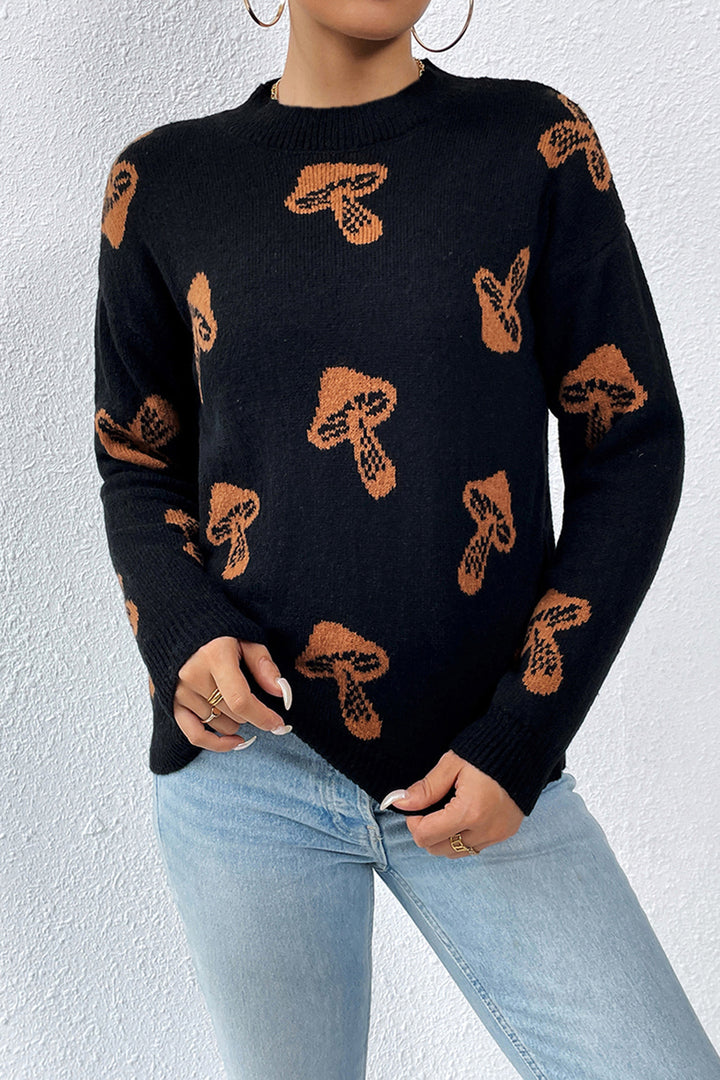 Graphic Mock Neck Dropped Shoulder Sweater | Trendsi