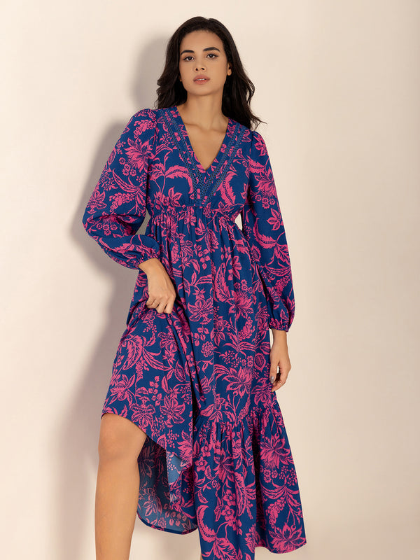 Printed V-Neck Long Sleeve Midi Dress | Trendsi