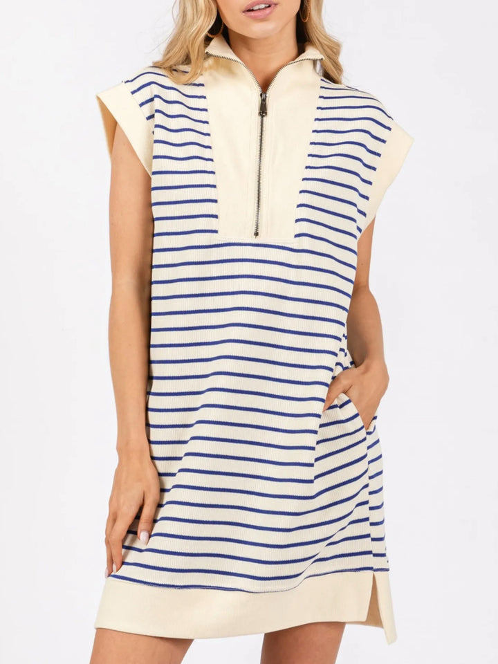 Full Size Pocketed Striped Quarter Zip Cap Sleeve Dress | Trendsi