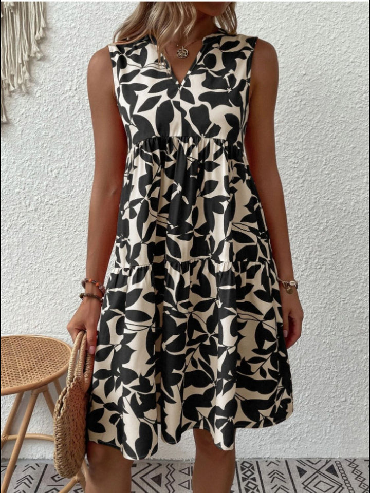 Printed Notched Sleeveless Mini Dress | Trendsi