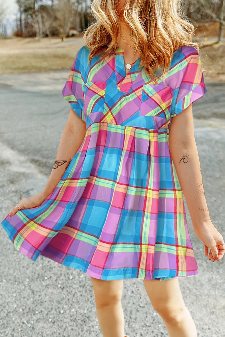 Plaid Notched Short Sleeve Mini Dress | Trendsi