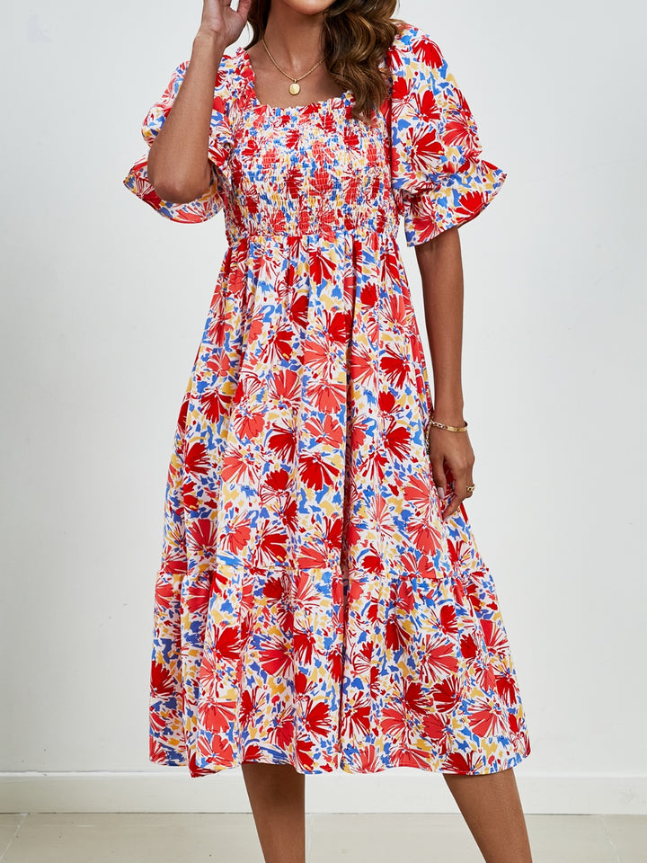 Smocked Floral Square Neck Short Sleeve Dress | Trendsi