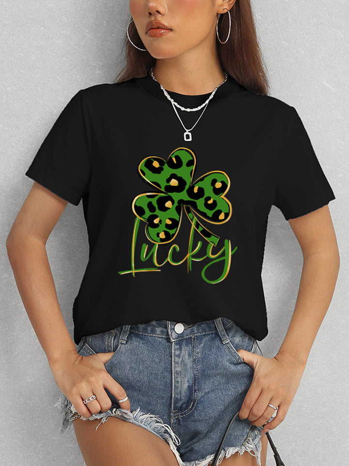 Lucky Clover Round Neck Short Sleeve T-Shirt | Trendsi