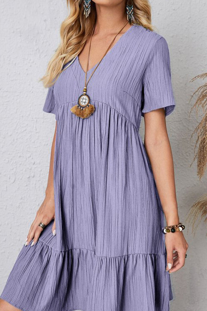 Full Size Ruched V-Neck Short Sleeve Dress | Trendsi