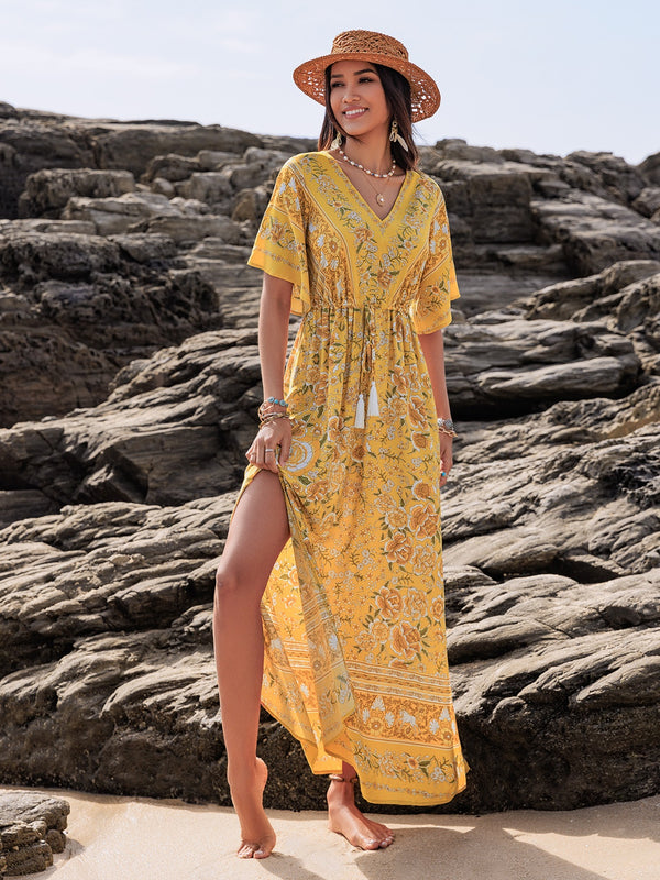 Drawstring Printed Plunge Half Sleeve Dress | Trendsi