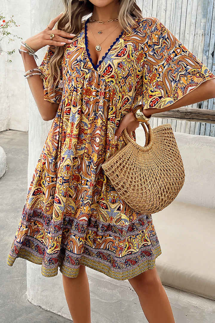 Printed V-Neck Half Sleeve Mini Dress | Trendsi