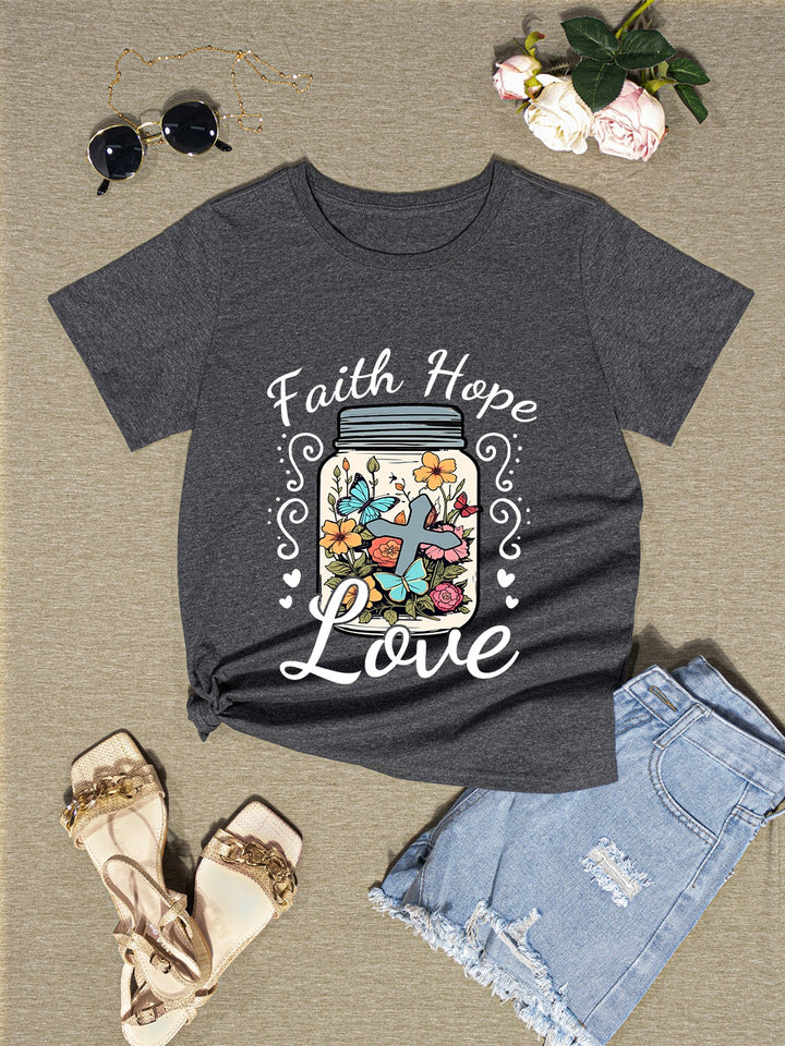 FAITH HOPE LOVE Round Neck T-Shirt | Trendsi