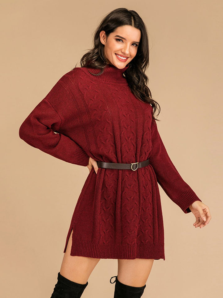 Perfee Slit Turtleneck Long Sleeve Mini Sweater Dress | Trendsi