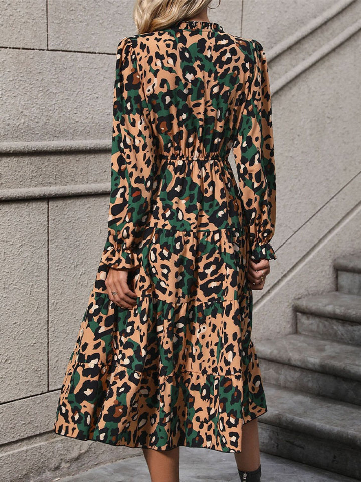 Leopard Notched Flounce Sleeve Midi Dress | Trendsi