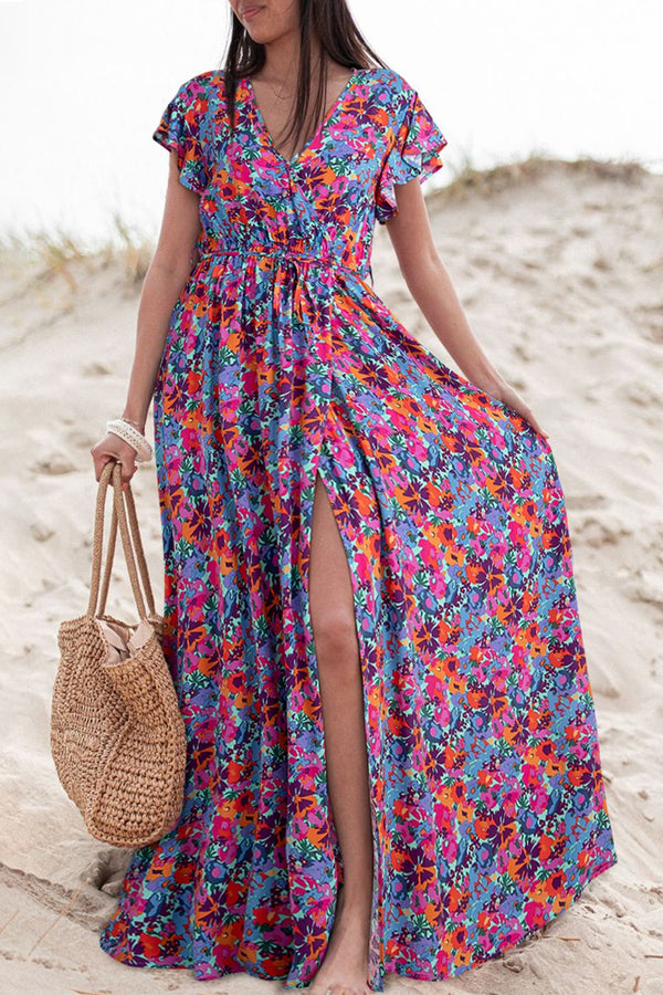 Slit Printed Cap Sleeve Maxi Dress | Trendsi