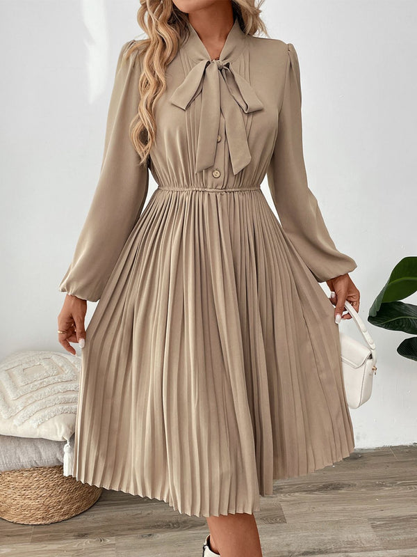 Perfee Pleated Tie Neck Long Sleeve Dress | Trendsi