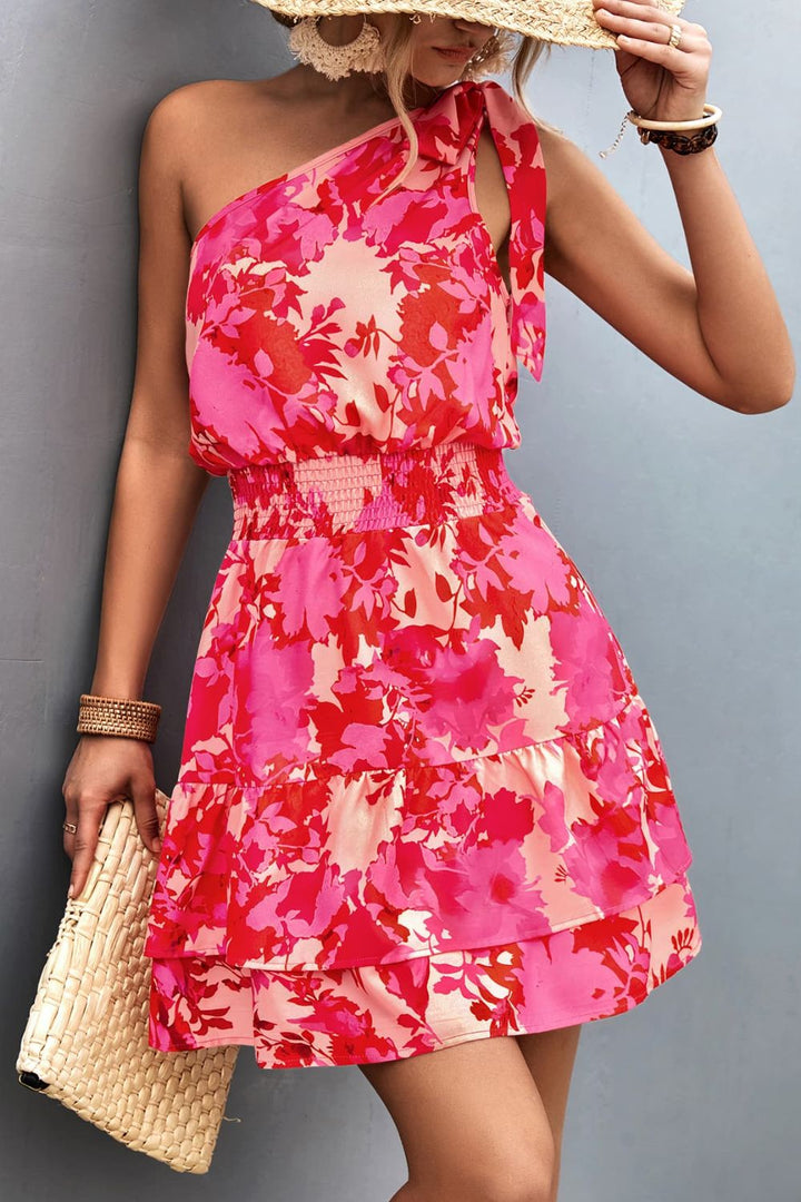 Tied Smocked Printed Single Shoulder Dress | Trendsi