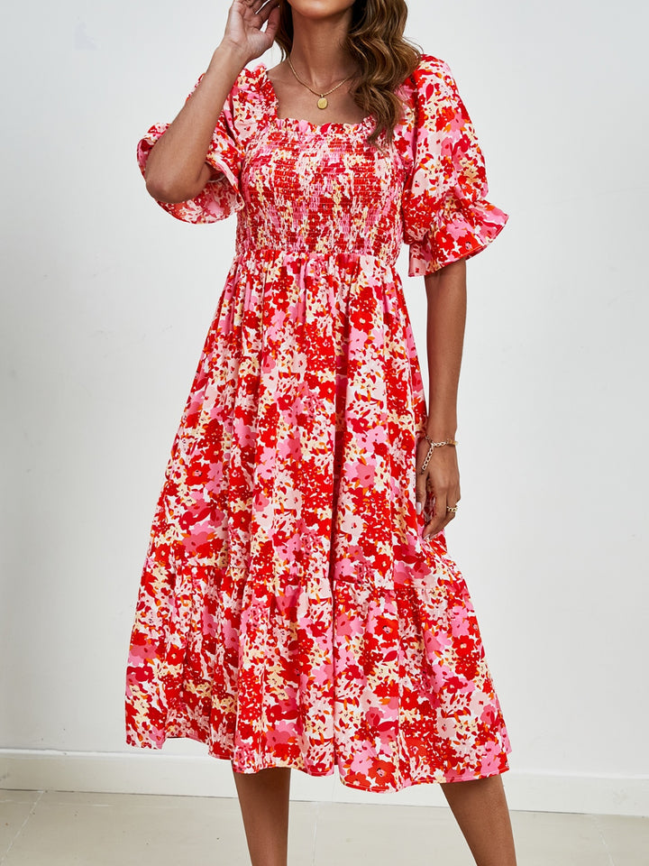 Smocked Floral Square Neck Short Sleeve Dress | Trendsi