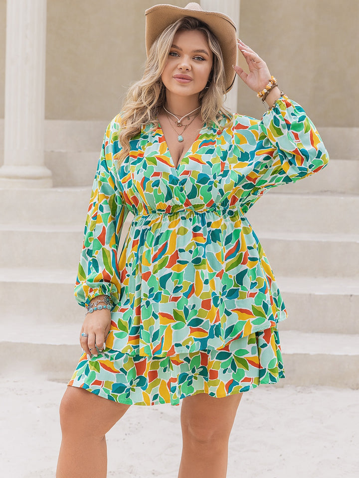 Plus Size Printed Surplice Long Sleeve Mini Dress | Trendsi