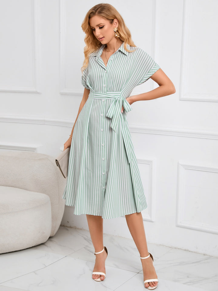 Striped Short Sleeve Tie Waist Midi Dress | Trendsi