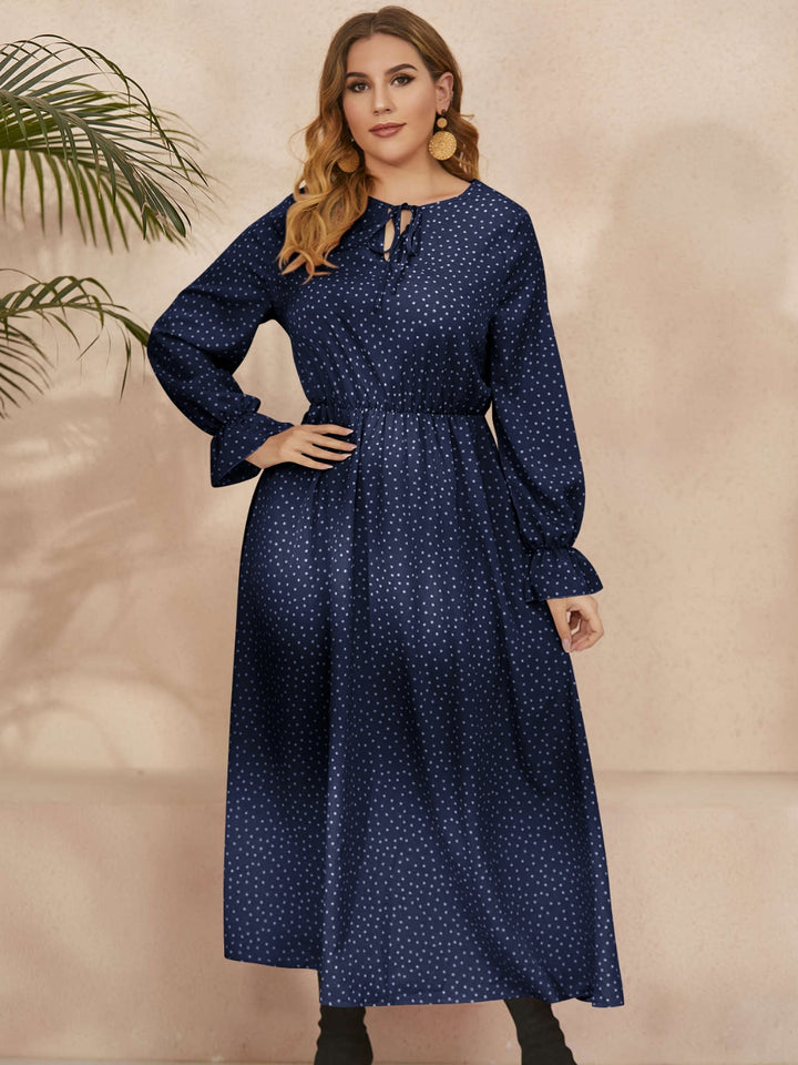 Plus Size Ruffled Polka Dot Long Sleeve Midi Dress | Trendsi