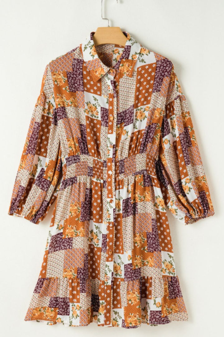 Printed Collared Neck Three-Quarter Sleeve Mini Shirt Dress | Trendsi