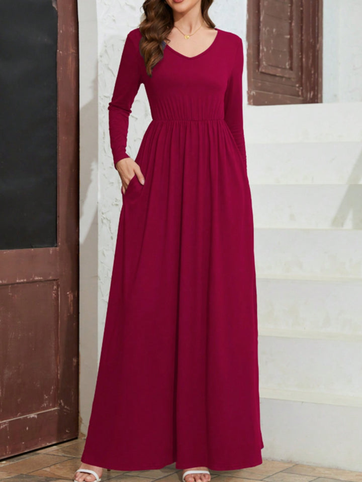 Pocketed V-Neck Long Sleeve Maxi Dress | Trendsi