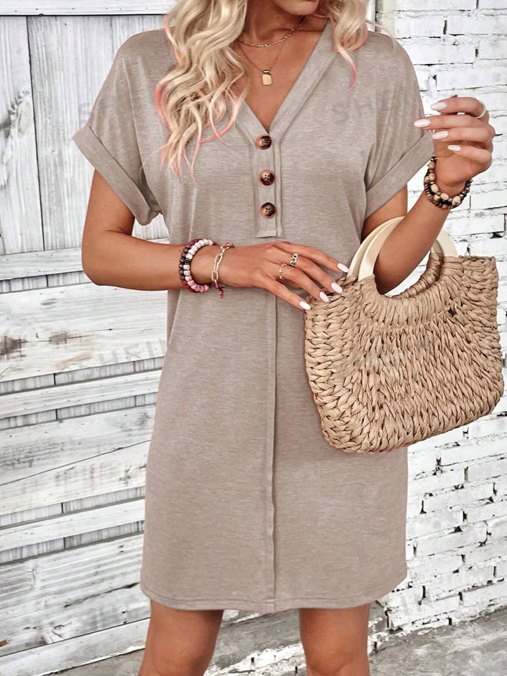 Quarter Button V-Neck Short Sleeve Dress | Trendsi