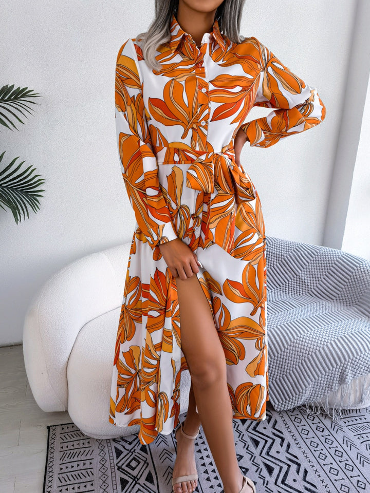 Tied Button Up Long Sleeve Dress | Trendsi