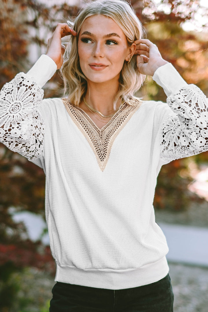 V-Neck Crochet Long Sleeve Blouse | Trendsi