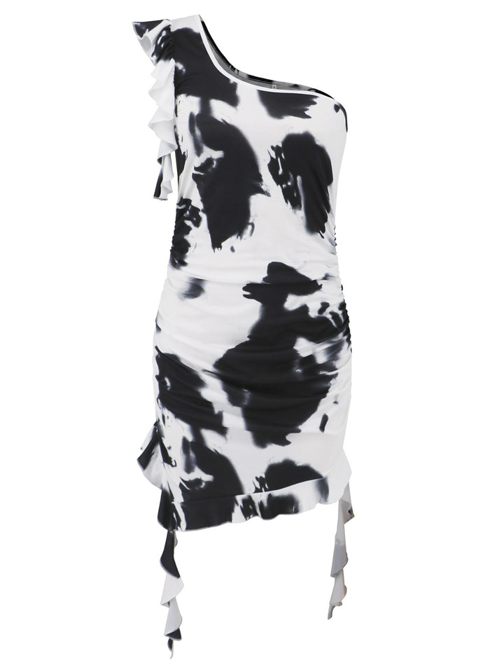 Ruffled Tie-Dye Single Shoulder Mini Dress | Trendsi