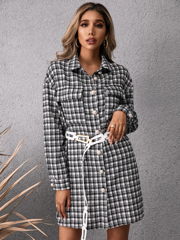 Pocketed Plaid Long Sleeve Mini Dress | Trendsi