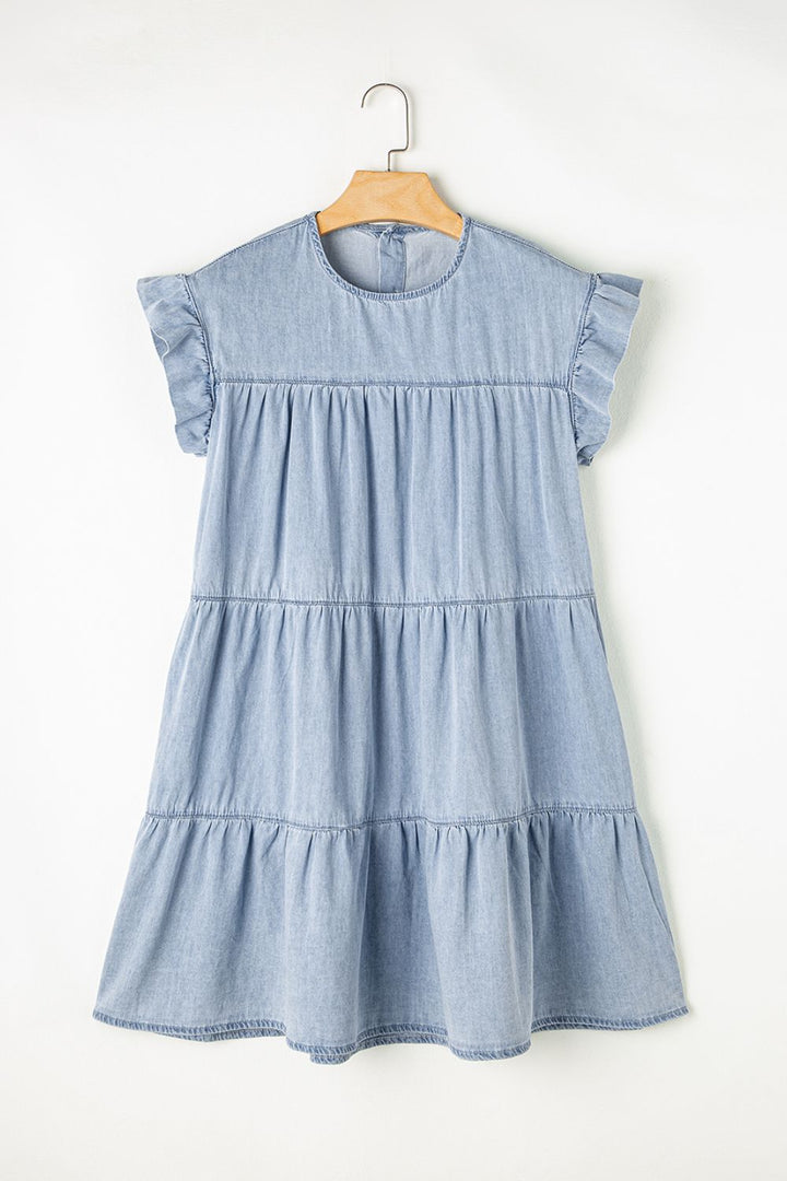 Ruffled Round Neck Cap Sleeve Denim Dress | Trendsi