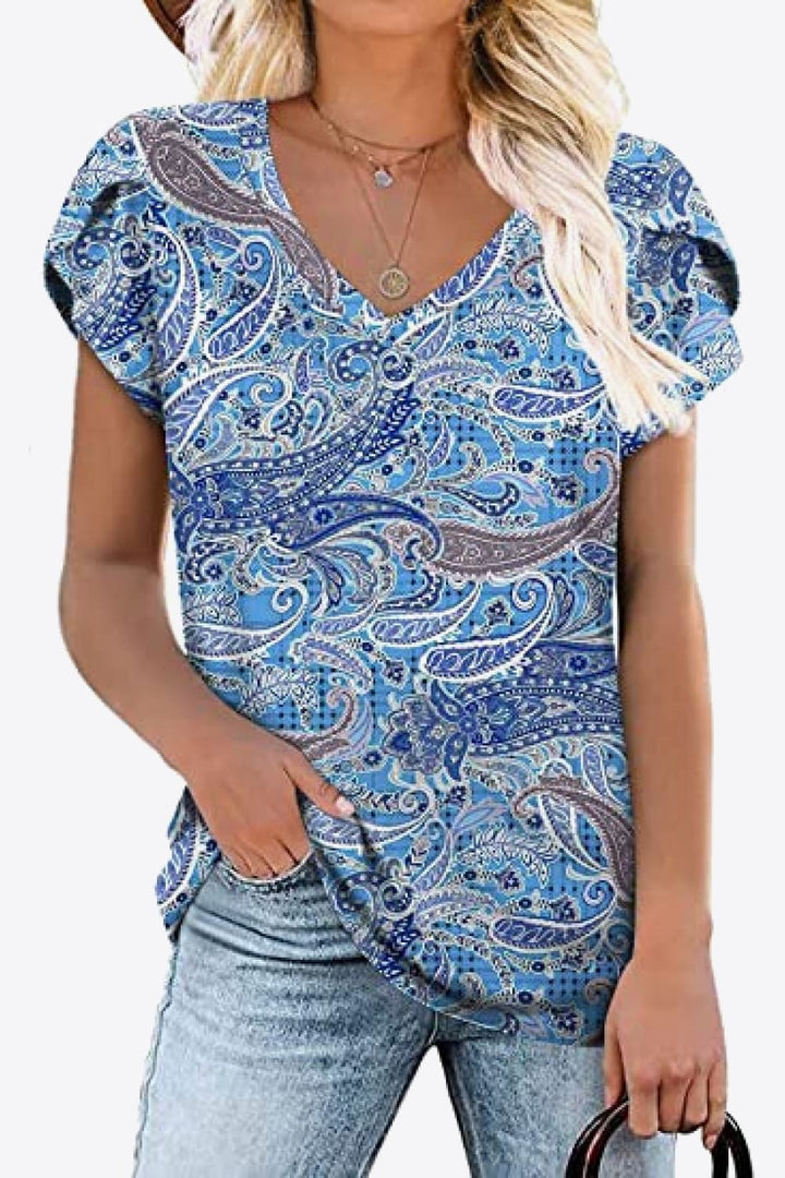 Printed Petal Sleeve V-Neck Blouse | Trendsi