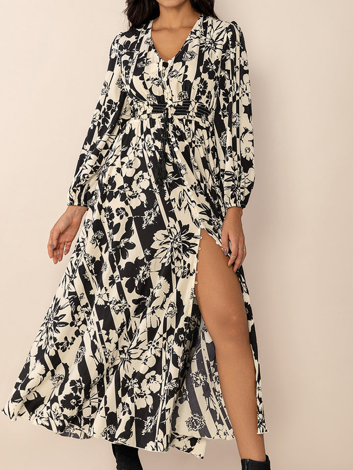 Tied Printed V-Neck Long Sleeve Midi Dress | Trendsi