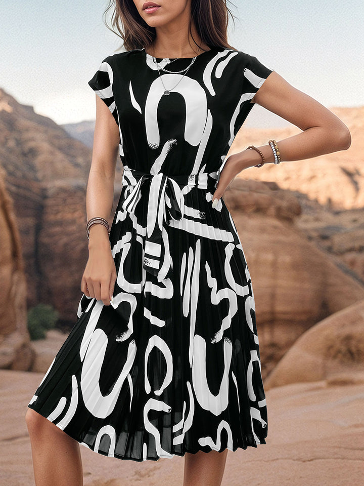 Printed Cap Sleeve Tie Waist Dress | Trendsi