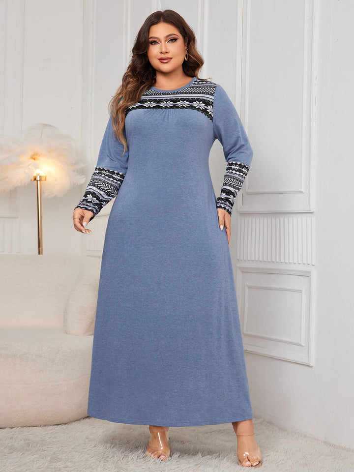 Plus Size Printed Round Neck Long Sleeve Dress | Trendsi