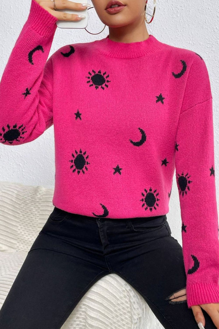 Graphic Mock Neck Dropped Shoulder Sweater | Trendsi