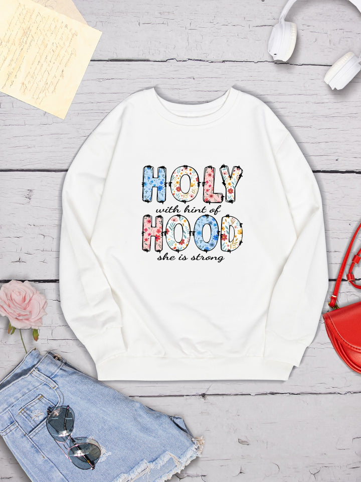 HOLY WITH HINT OF HOOD SHE IS STRONG Round Neck Sweatshirt | Trendsi