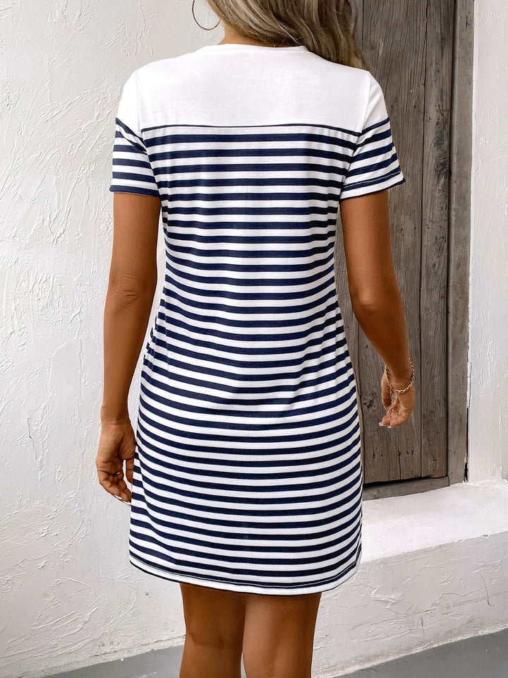 Striped Round Neck Short Sleeve Mini Dress | Trendsi