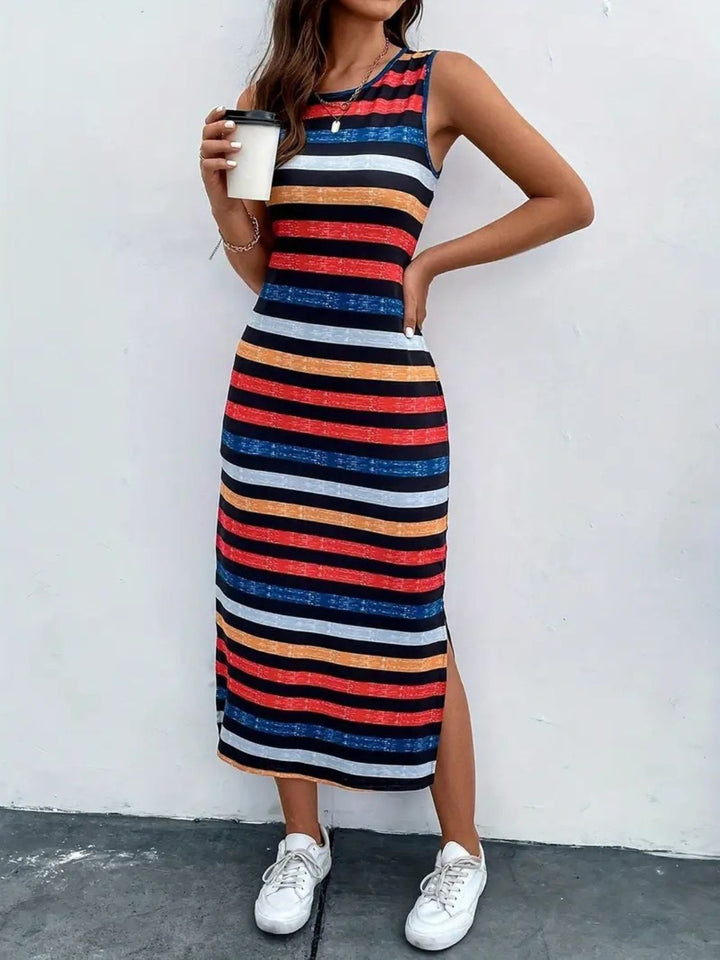 Slit Printed Round Neck Sleeveless Dress | Trendsi