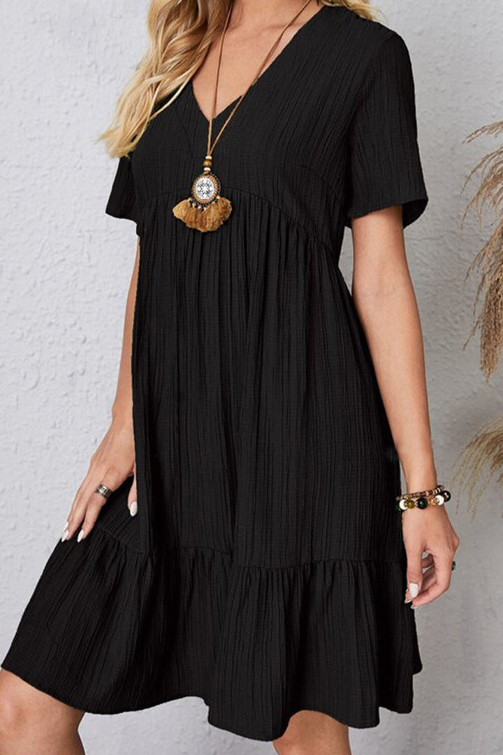 Full Size Ruched V-Neck Short Sleeve Dress | Trendsi