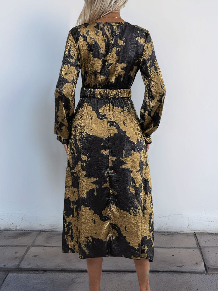 Perfee Printed Surplice Long Sleeve Midi Dress | Trendsi