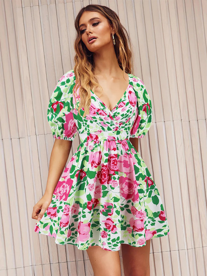 Printed Surplice Short Sleeve Dress | Trendsi