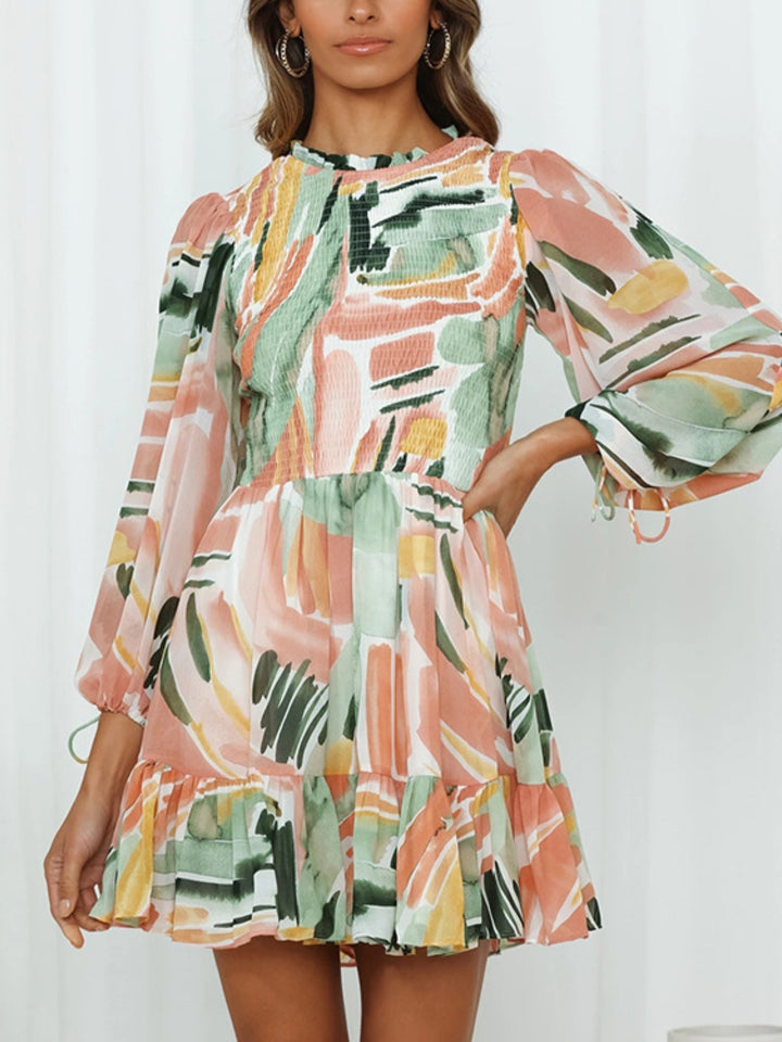 Printed Mock Neck Balloon Sleeve Mini Dress | Trendsi