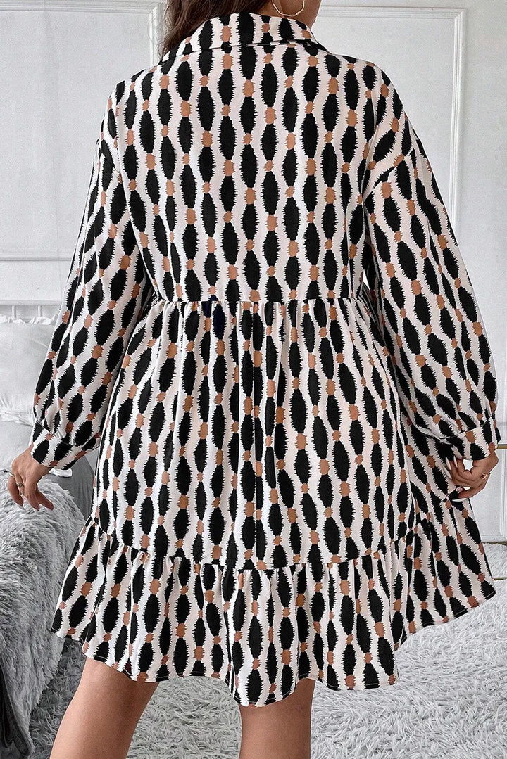 Plus Size Printed Johnny Collar Long Sleeve Dress | Trendsi