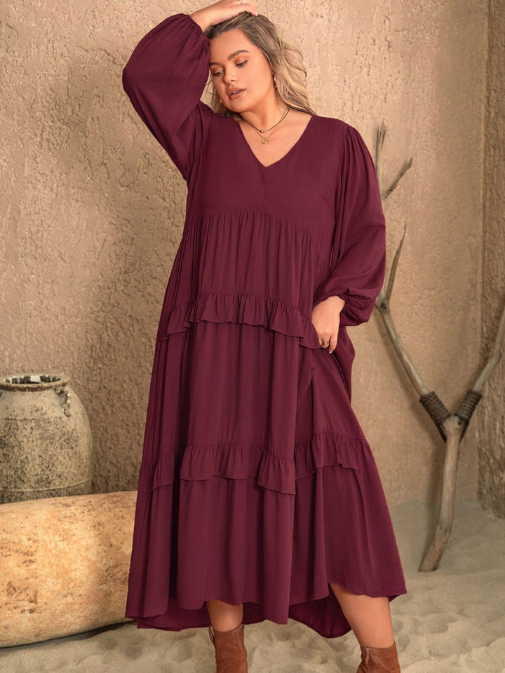 Plus Size Ruffled V-Neck Long Sleeve Dress | Trendsi