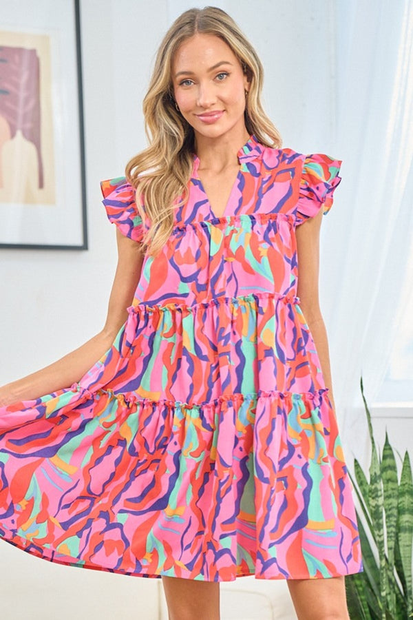 First Love Full Size Printed Ruffle Cap Sleeve Tiered Dress | Trendsi