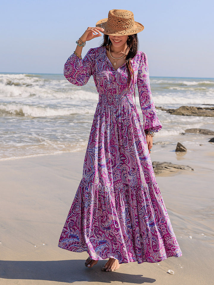 Printed Tie Neck Balloon Sleeve Maxi Dress | Trendsi