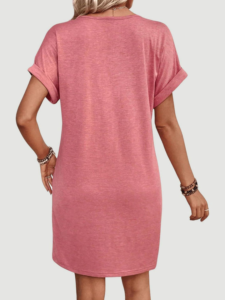 Quarter Button V-Neck Short Sleeve Dress | Trendsi