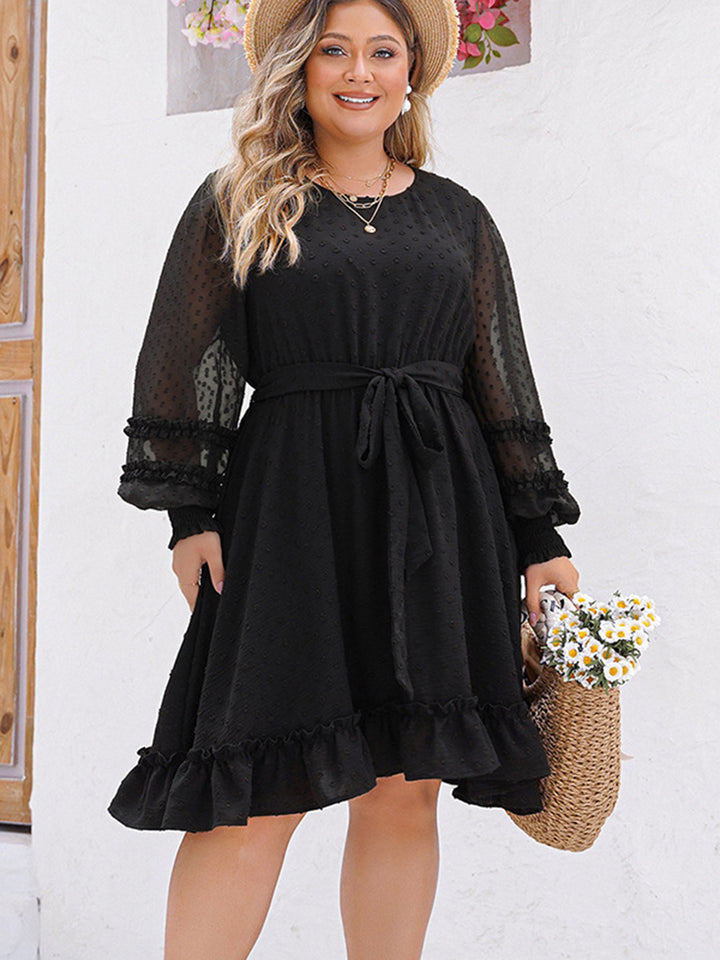 Plus Size Swiss Dot Round Neck Long Sleeve Dress | Trendsi